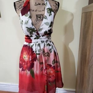 Double Zero Floral Halter Midi Dress - Red and White